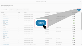 Educator account in Xello. The Completion Standards report for the Learning Styles quiz is open. The cursor is clicking Filters